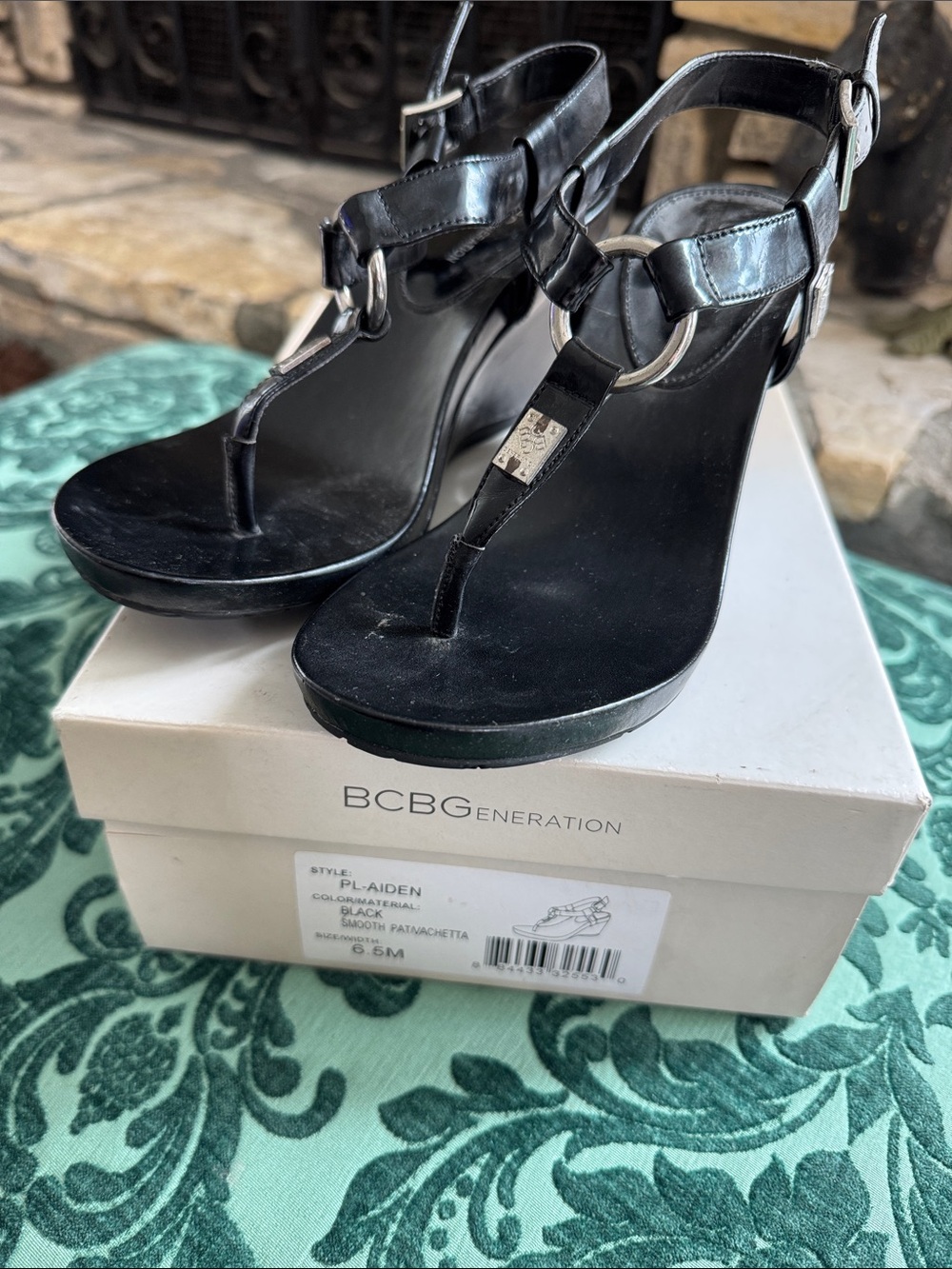 BCBGeneration Black Leather Wedge Thong Sandals with Silver Rings